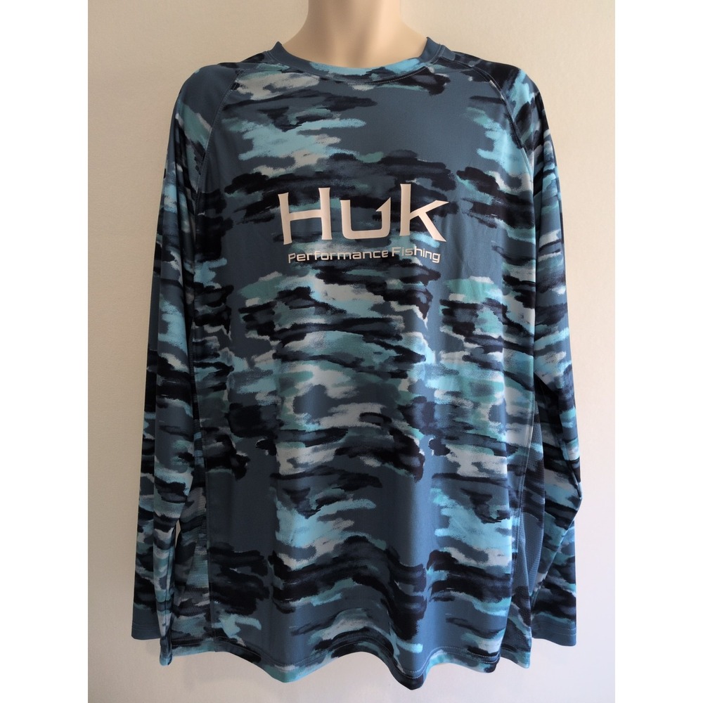 Huk Performance Fishing Shirt Mens XL Blue Refraction Camo Long Sleeve UPF NWT